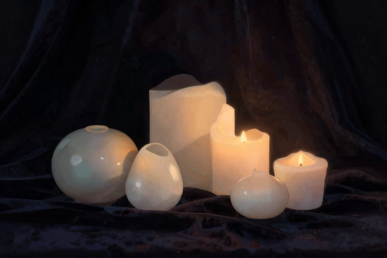 暗い部屋に置かれた様々なサイズのアナルプラグ、キャンドルの灯り、大小の対比が印象的な静物画風イメージ