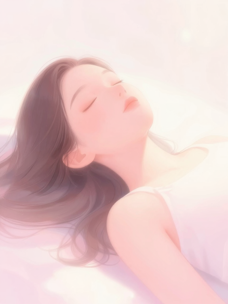 女性が仰向けに寝て深呼吸している。体が緩んでいる雰囲気。淡いピンクと白の光。安心感のある構図