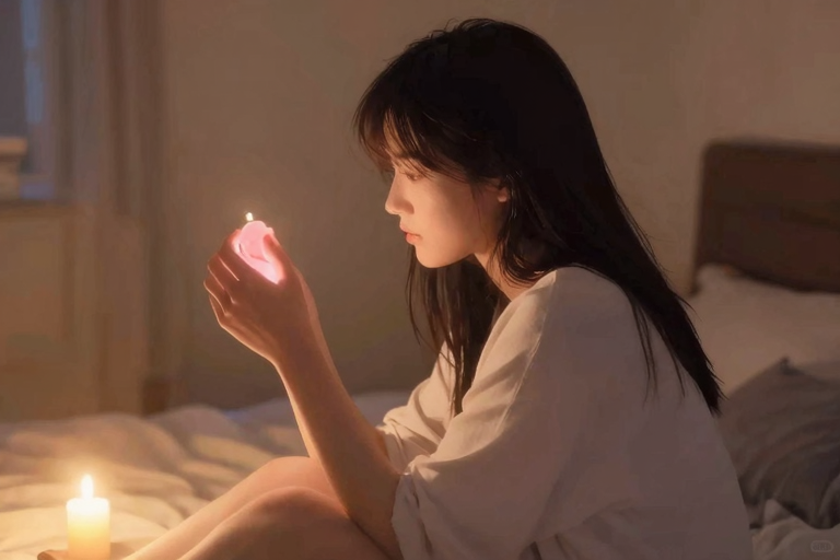 シルエットの女性がベッドサイドでアナルプラグを選んでいる場面、手元のクローズアップ、暖色系の照明、艶やかな雰囲気、アニメ調イラスト