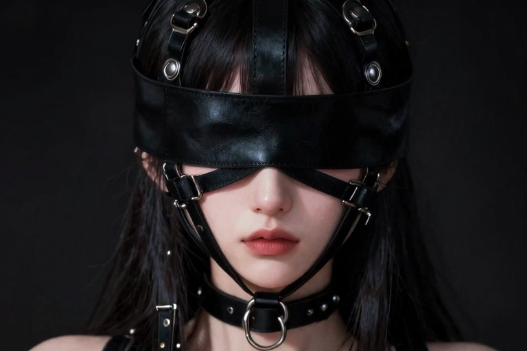 ヘッドハーネス型ブラインドフォールド——革製ストラップと金属リングのクローズアップ、暗い背景