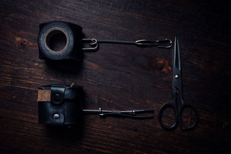 拘束プレイ初心者向けの道具セット——ボンデージテープ、レザーカフ、安全ばさみ
