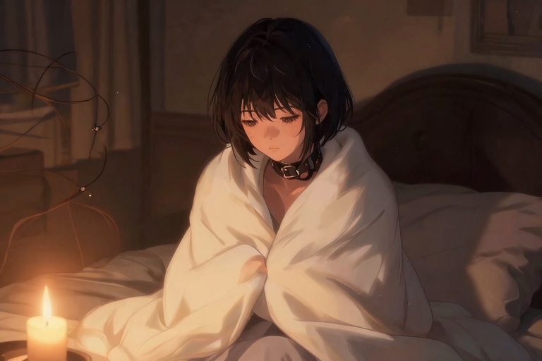 アフターケアシーン——毛布に包まれた女性、柔らかな灯り、親密な空気