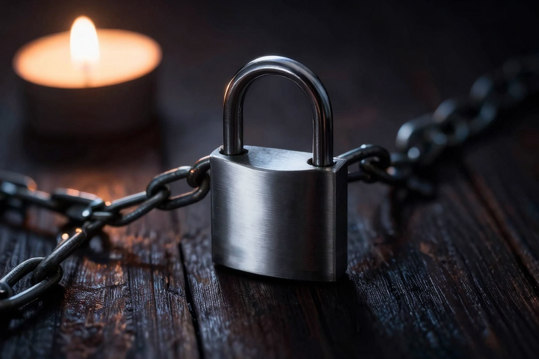 暗い部屋に置かれたステンレス製のチャスティティケージと南京錠、ろうそくの炎が揺れる、冷たい金属の光沢と影のコントラスト、モノトーンの雰囲気, masterpiece, very aesthetic, score_9, score_8_up