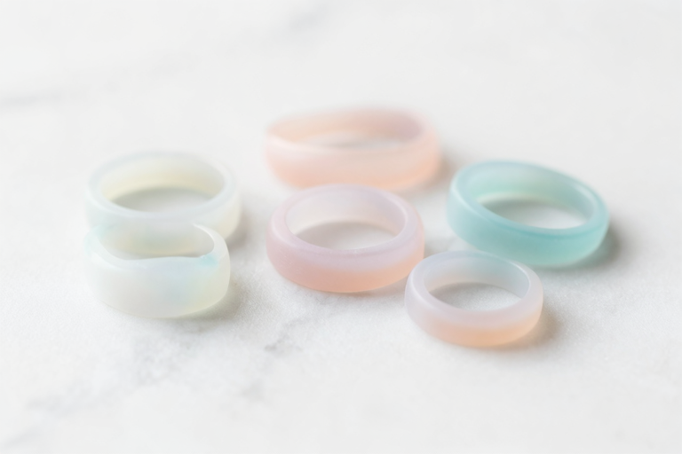 医療グレードのシリコン素材でできた柔らかいリング、清潔感のある白い背景、穏やかな光の中に曲線的なシルエット、ミニマルで美しいプロダクト写真風, masterpiece, very aesthetic, score_9, score_8_up