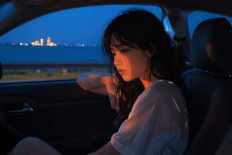 anime couple in a car at night, driving on a coastal highway, tokyo bay visible on the left with factory lights, passenger seat, tension and anticipation, moody blue lighting, soft shadows, score_9, score_8_up, masterpiece, very aesthetic