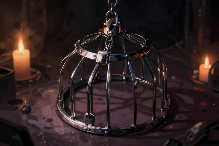 暗めの部屋でロック付きのケージが南京錠と一緒に置かれているシーン——金属のケージ、鍵、アダルトグッズのシンボリックなイメージ、ムーディな照明、抽象的な構図, masterpiece, very aesthetic, score_9, score_8_up