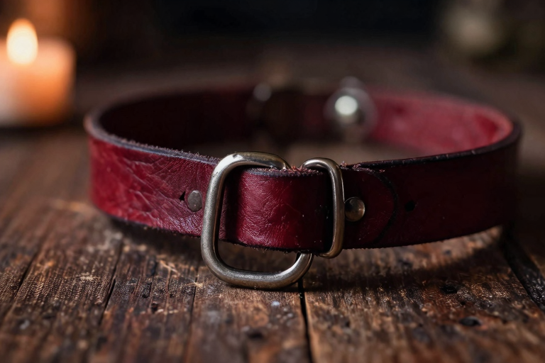 革製の首輪とリード、キャンドルライトの暗い部屋に木製テーブルの上に置かれたイメージ、moody atmosphere, leather collar, dark room, candle light