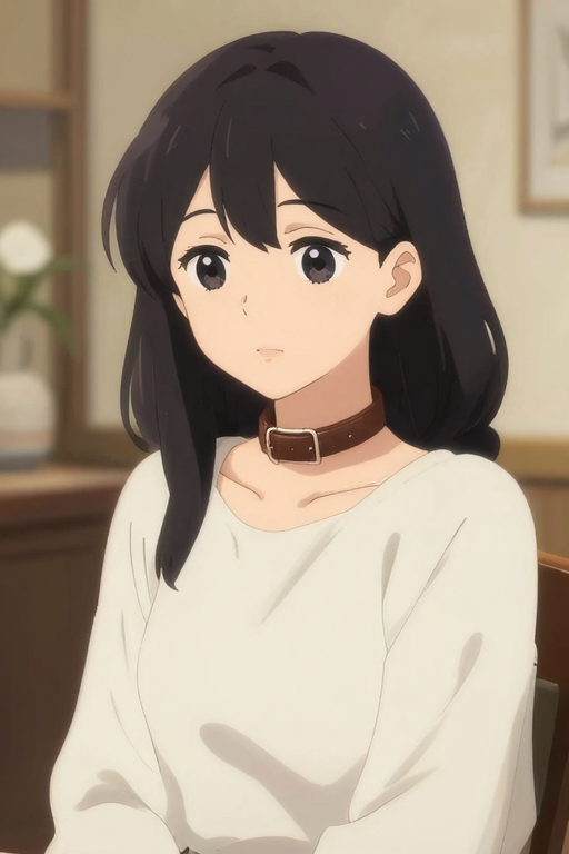 四つん這いのアニメスタイルの女性キャラクター、シンプルな首輪を着用、柔らかい照明、ふんわりとした雰囲気、masterpiece, very aesthetic, score_9, score_8_up