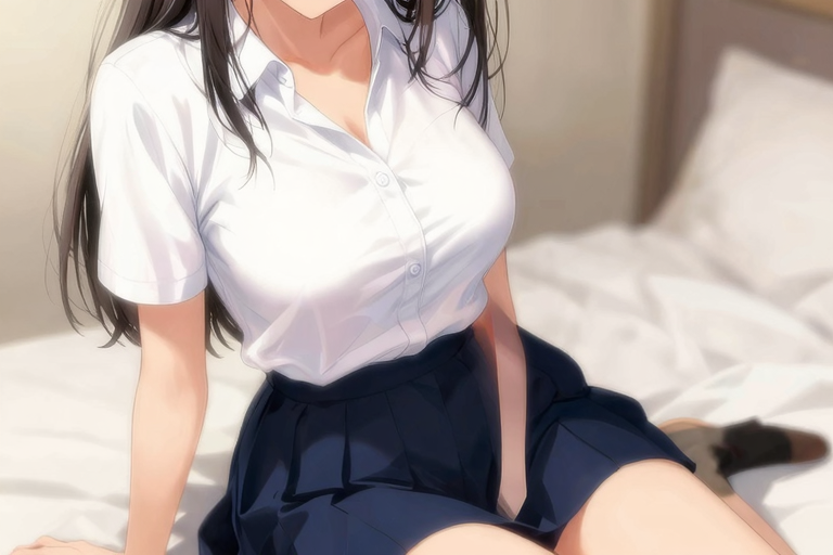 制服を着た女性のアニメイラスト——乱れた白シャツとスカート、暗い部屋