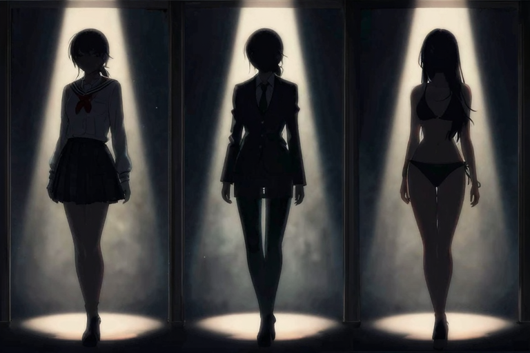 様々な衣服を着た女性のシルエット——制服・スーツ・水着のラインナップイラスト