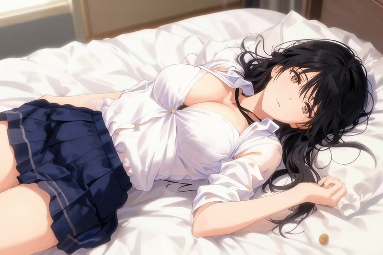 着衣セックスのクライマックス——乱れた制服姿でベッドに横たわるアニメイラスト