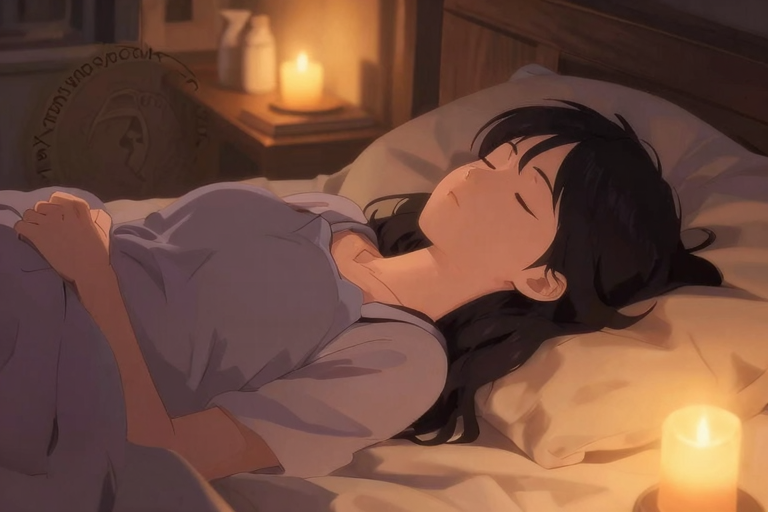 女性が一人で薄暗い部屋に座り、ゆっくりとした呼吸でリラックスしているイメージ、アニメスタイル、柔らかい照明