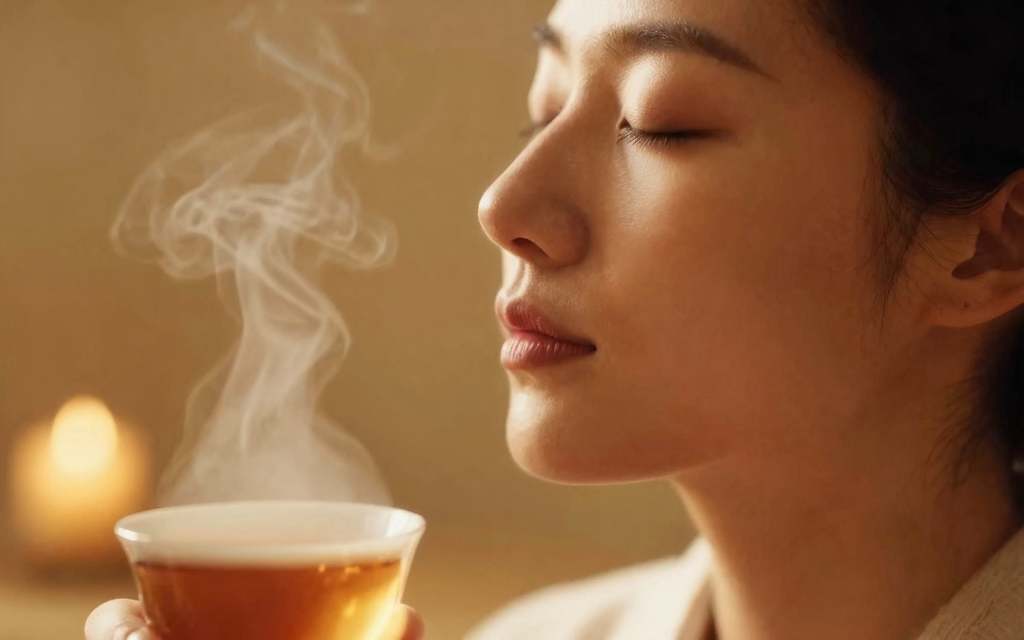 ゆっくりと深呼吸する人、目を閉じて穏やかな表情。暖かなキャンドルの光の中でリラックスしている。