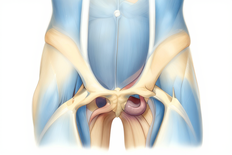 骨盤底筋とPC筋のイメージ——縦断面図、人体解剖学的なアニメ風イラスト、前立腺の位置がわかるシンプルな図解、柔らかいトーン, masterpiece, very aesthetic, score_9, score_8_up