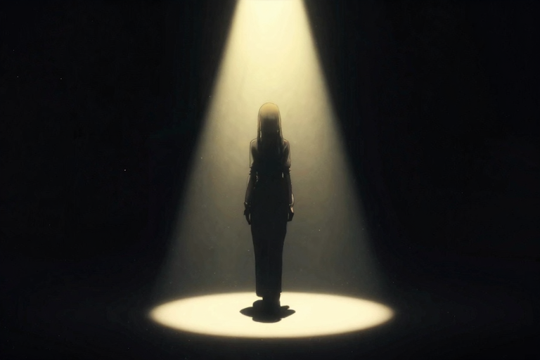 暗い舞台の中央、スポットライトを浴びて立つ女性のシルエット——露出と被観察の心理的緊張
