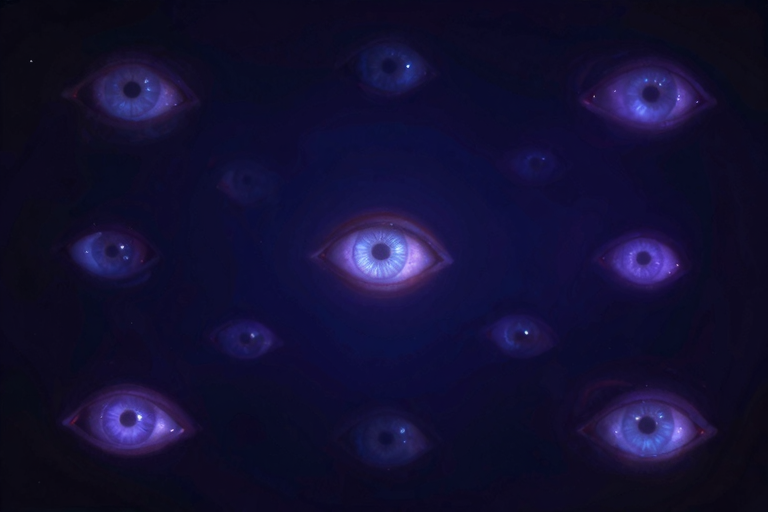 無数の光る目が暗闇に浮かぶ——多くの視線に晒される存在の心理的重さのイメージ