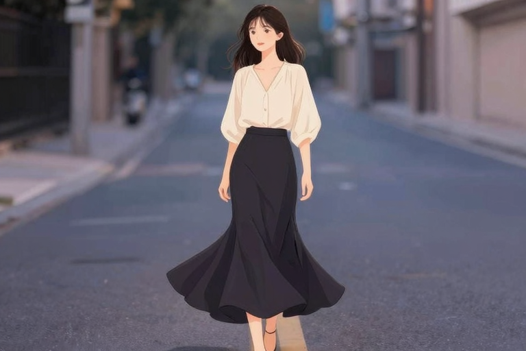 露出プレイのスタイリング参考、フレアスカートと薄手のシャツのイラスト