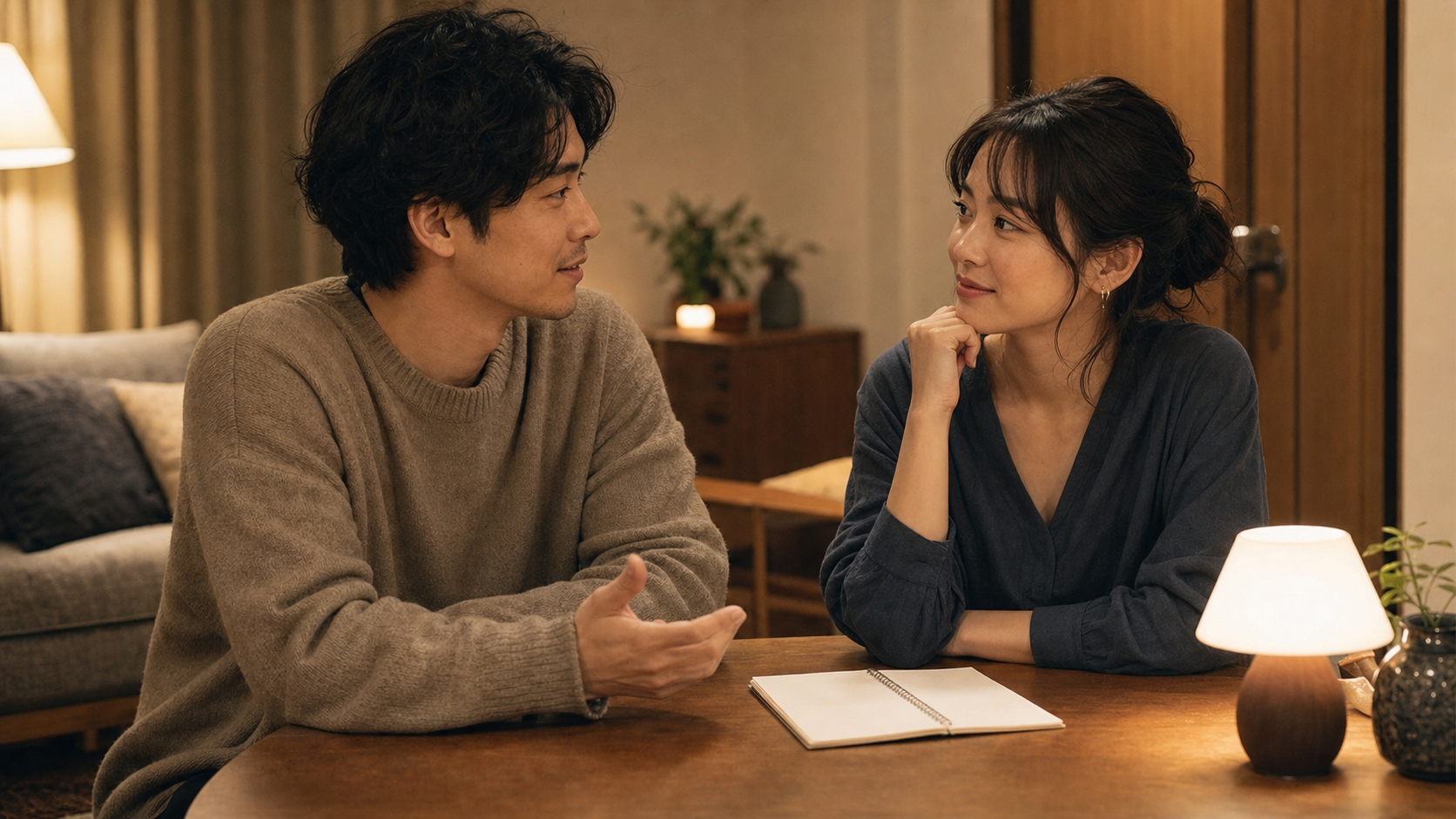 二人で事前に話し合うことを表す、私的な部屋のテーブルに置かれたメモと柔らかな灯り