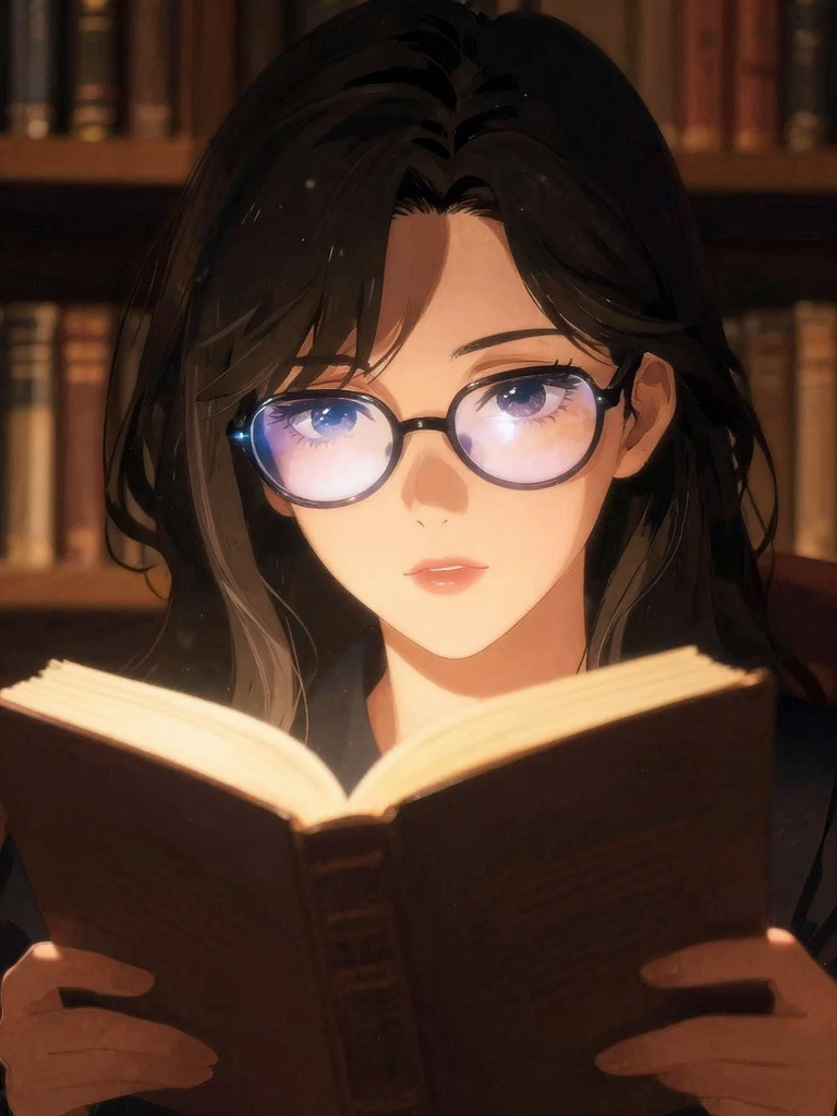 知的な雰囲気の眼鏡をかけた女性のアニメ風イラスト。本を持ち、眼鏡の奥から少し挑発的な視線を向けている。深みのある照明