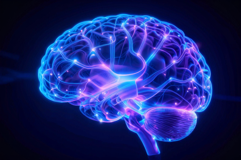 脳の快感回路が光るイメージ、青紫のグローエフェクトで描かれた神経ネットワーク、ドーパミンとエンドルフィンのビジュアル化