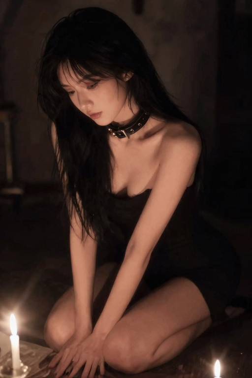 キャンドルの灯りの中でひとり座る女性、首輪と暗い部屋の静寂、サブスペースの内省的な雰囲気