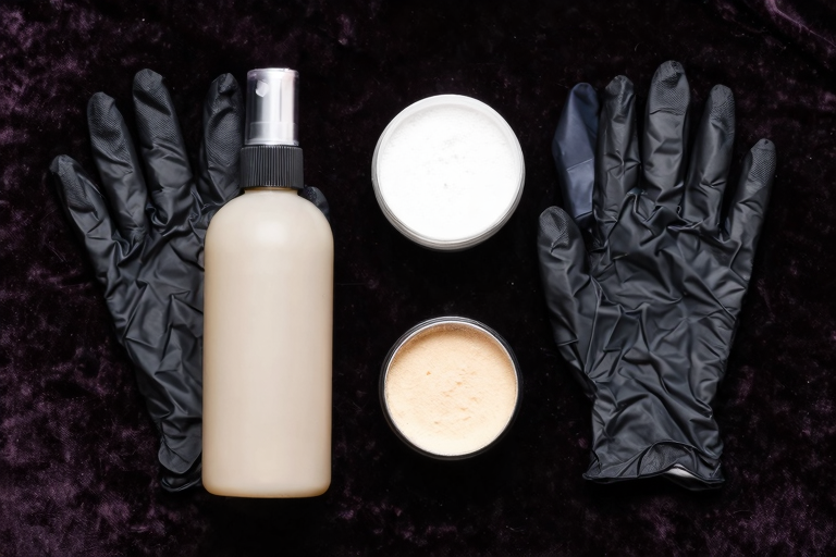 ラテックス素材のグローブと黒いレザーコルセット、テーブルの上に並べられたケアグッズ（シリコーンスプレーとポリッシュ）、スタジオ撮影風の商品配置、暗めの背景, masterpiece, very aesthetic, score_9, score_8_up