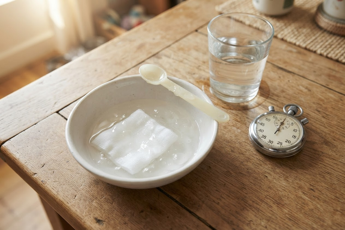 ローションを水で薄めた液にガーゼを沈めたボウルと、ストップウォッチ