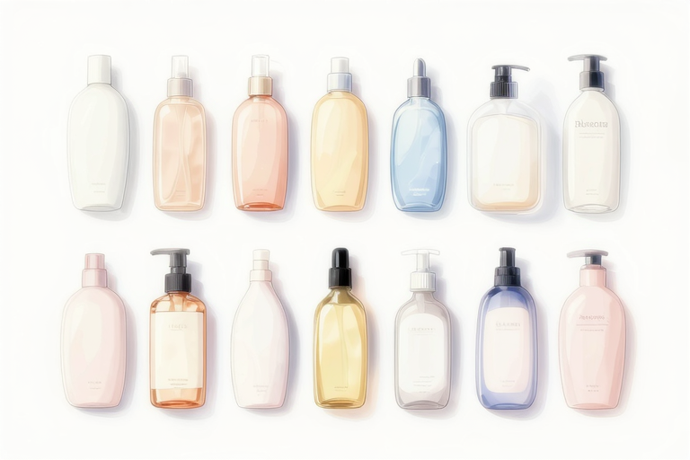 様々なタイプのローションボトルが棚に並ぶ、ミニマルな背景、成分リストのラベルが見える、アニメスタイル