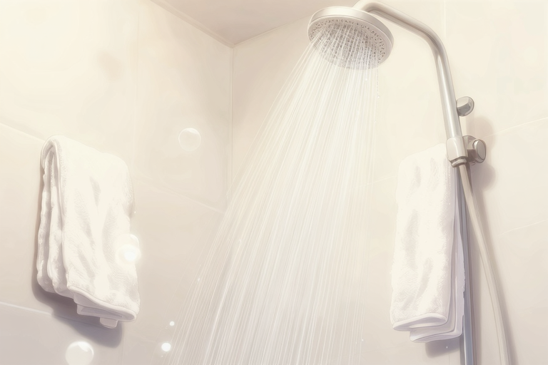シャワーヘッドで体を洗う様子のイメージ——バスルーム、清潔な水、温かい光、hygiene concept, soft illustration, anime style, masterpiece, very aesthetic, score_9, score_8_up