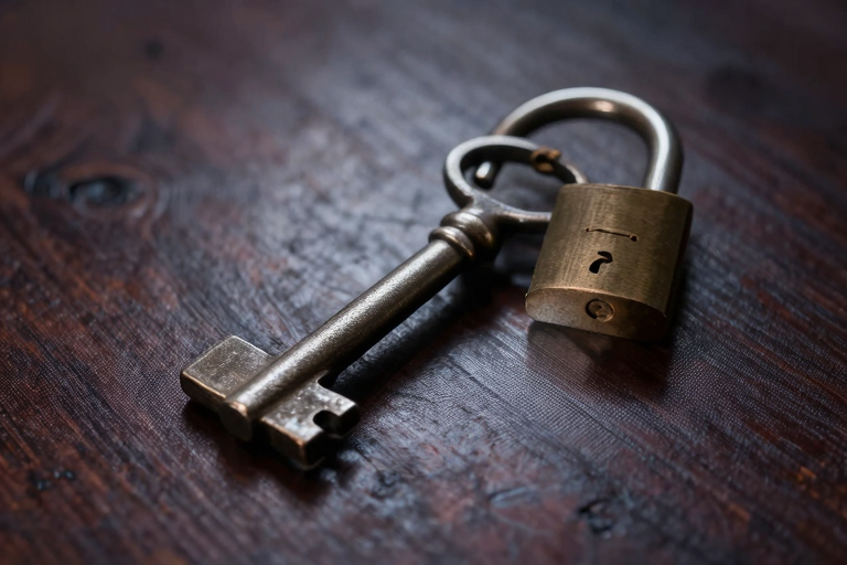 鍵と南京錠のクローズアップ——古いアンティーク調の鍵、暗い背景、シネマティックな照明、象徴的なイメージ, no humans, still life, masterpiece, very aesthetic, score_9, score_8_up