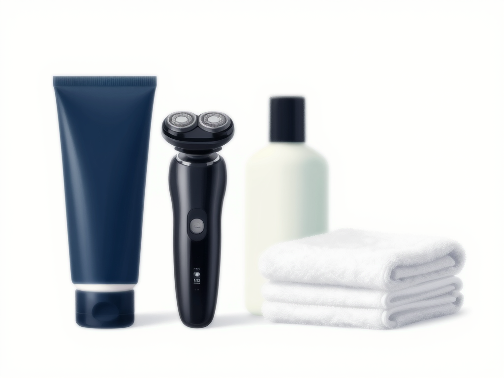 男性グルーミング用の道具。シェービングクリーム、精密な電動シェーバー、保湿ローション、清潔なタオル。整然とした白い背景