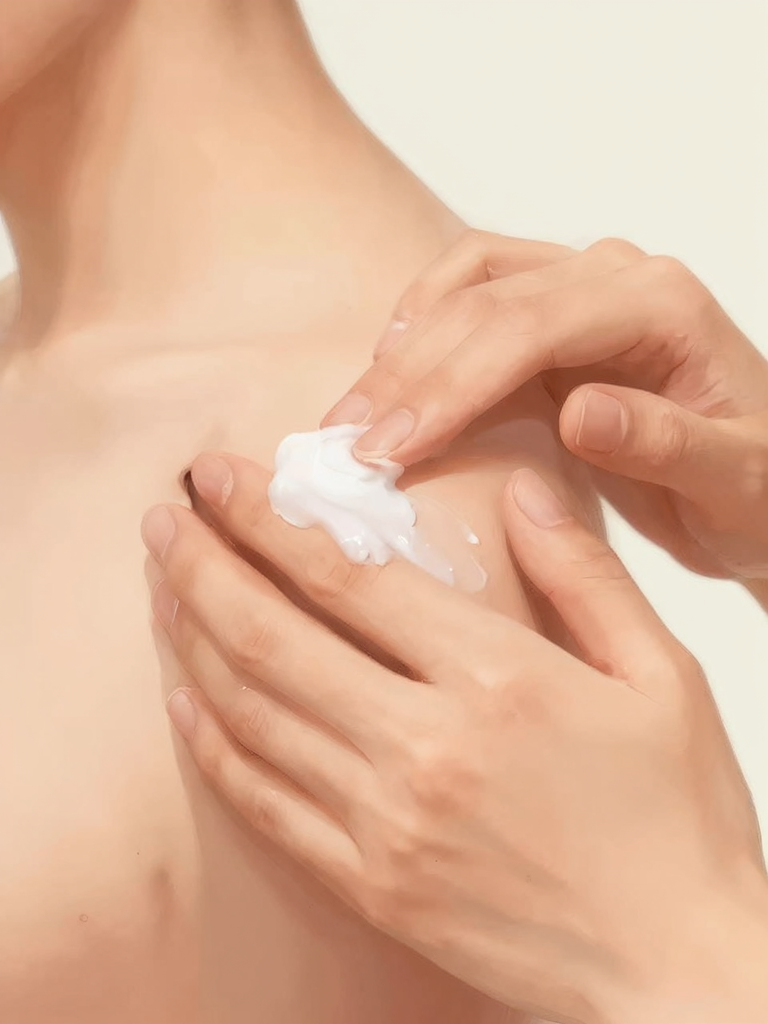 アフターケア。丁寧に保湿ローションを塗っている手のアップ。清潔で穏やかな雰囲気の照明。スキンケアの丁寧さを表現