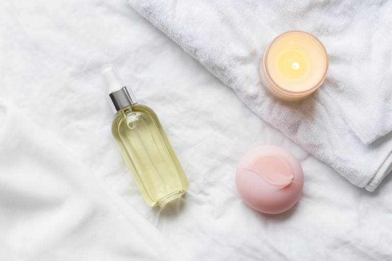 ニップルケアのイメージ：ローションと清潔なタオルが置かれた穏やかな雰囲気