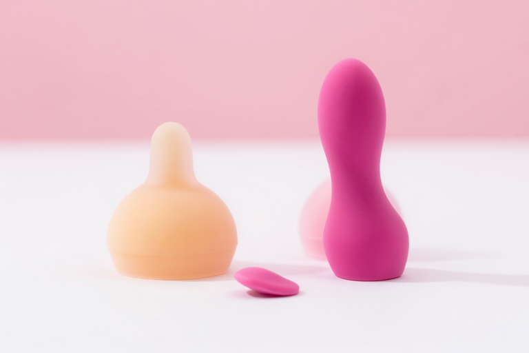 シリコン製吸引カップと小型電動バイブレーター、白い背景にきれいに並んだ商品写真風、ミニマルで清潔感のある雰囲気、パステルカラー