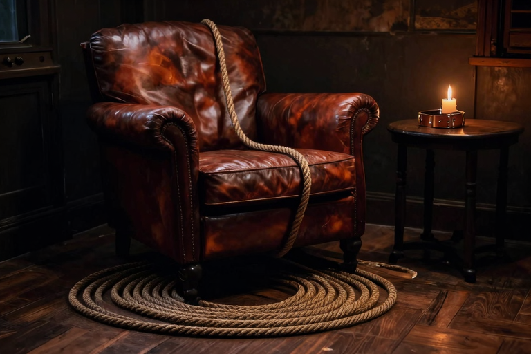深みのある照明に照らされた革製の椅子とロープ。静けさと緊張感が漂う室内の情景。