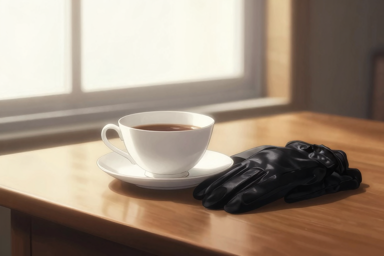 窓から差し込む柔らかい光の中、一杯の紅茶とその傍らに置かれた革の手袋。権威と穏やかさが共存するイメージ。