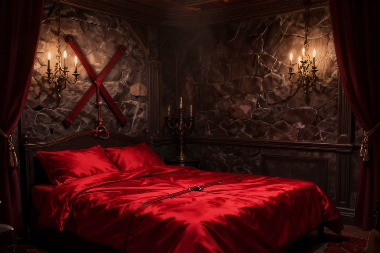 dungeon style private hotel room, dark interior, leather restraints on wall, moody red and black color scheme, atmospheric candle light, no people, elegant gothic aesthetic, anime style, masterpiece, very aesthetic, score_9, score_8_up