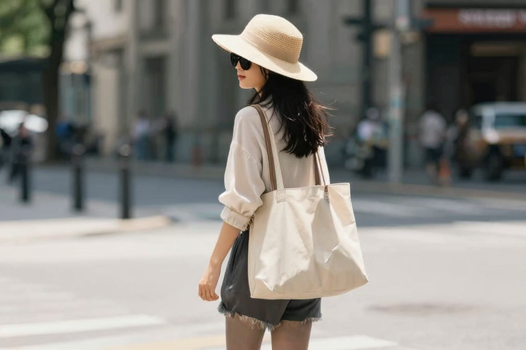 帽子とサングラスをつけた女性、街を歩いている後ろ姿