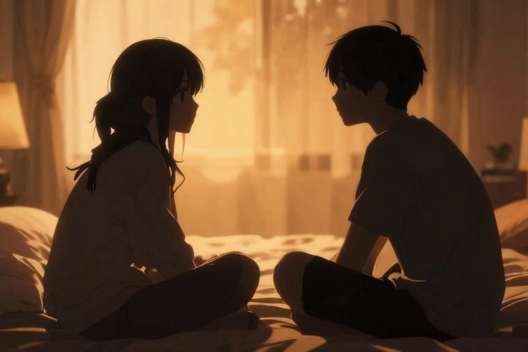 暖色系の照明の寝室、二人のシルエットが向き合って穏やかに会話している。信頼感と安心感を表現した柔らかいアニメイラスト