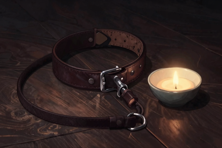 首輪とリード、薄暗い照明の部屋。床に置かれた小さなボウル。静謐なムード