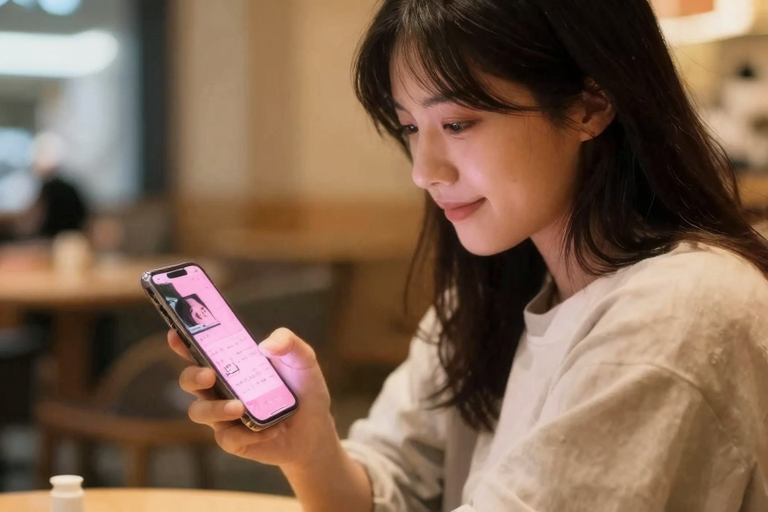 スマートフォンを操作する手と遠くにいるパートナーを繋ぐアプリ画面のイラスト、ピンクと白の配色、カップルの遠距離接続イメージ、アニメスタイル, masterpiece, very aesthetic, score_9, score_8_up