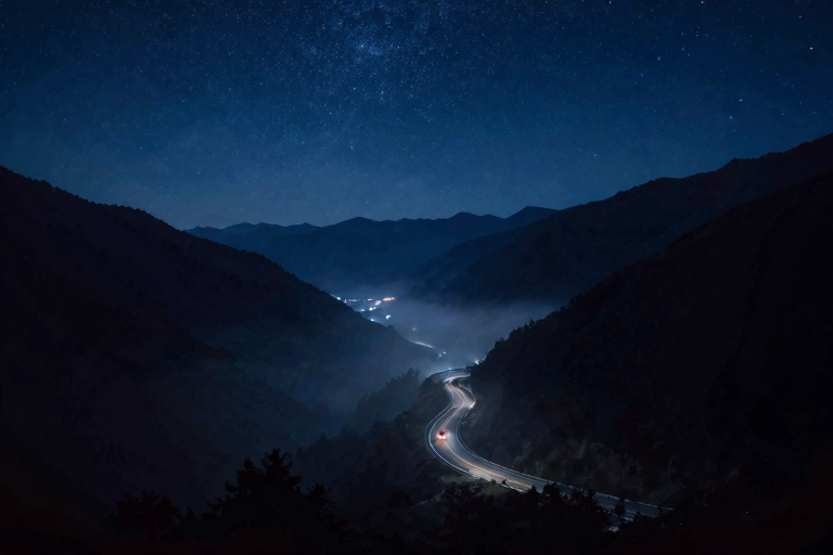 mountain winding road at night, Chichibu valley, starry sky, no cars, lonely road, dark mountain silhouette, atmospheric fog, cinematic wide shot, anime style, score_9, score_8_up, masterpiece, very aesthetic