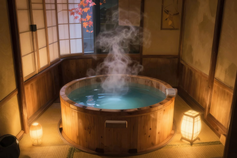 small private japanese onsen bath room, steam rising, wooden tub, stone floor, dim warm lighting, candle, no people, intimate atmosphere, japanese aesthetic, anime style, score_9, score_8_up, masterpiece, very aesthetic