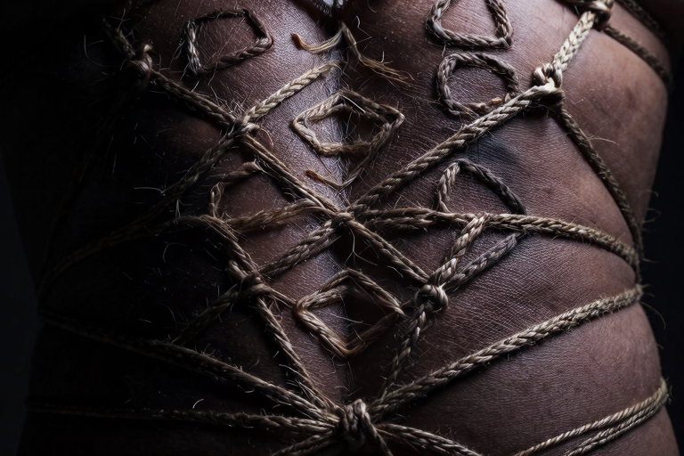 縄目の幾何学模様——皮膚に刻まれた亀甲縛りのパターン、光と影の陰影