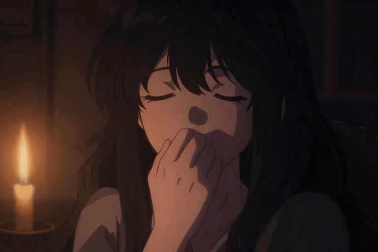 手が口を覆うシルエット、薄暗い部屋、緊張と静寂の雰囲気、アニメスタイル、ムーディな照明