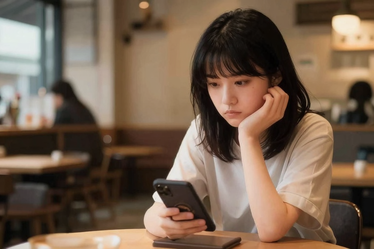 カフェでスマホを見ながら情報収集する女性