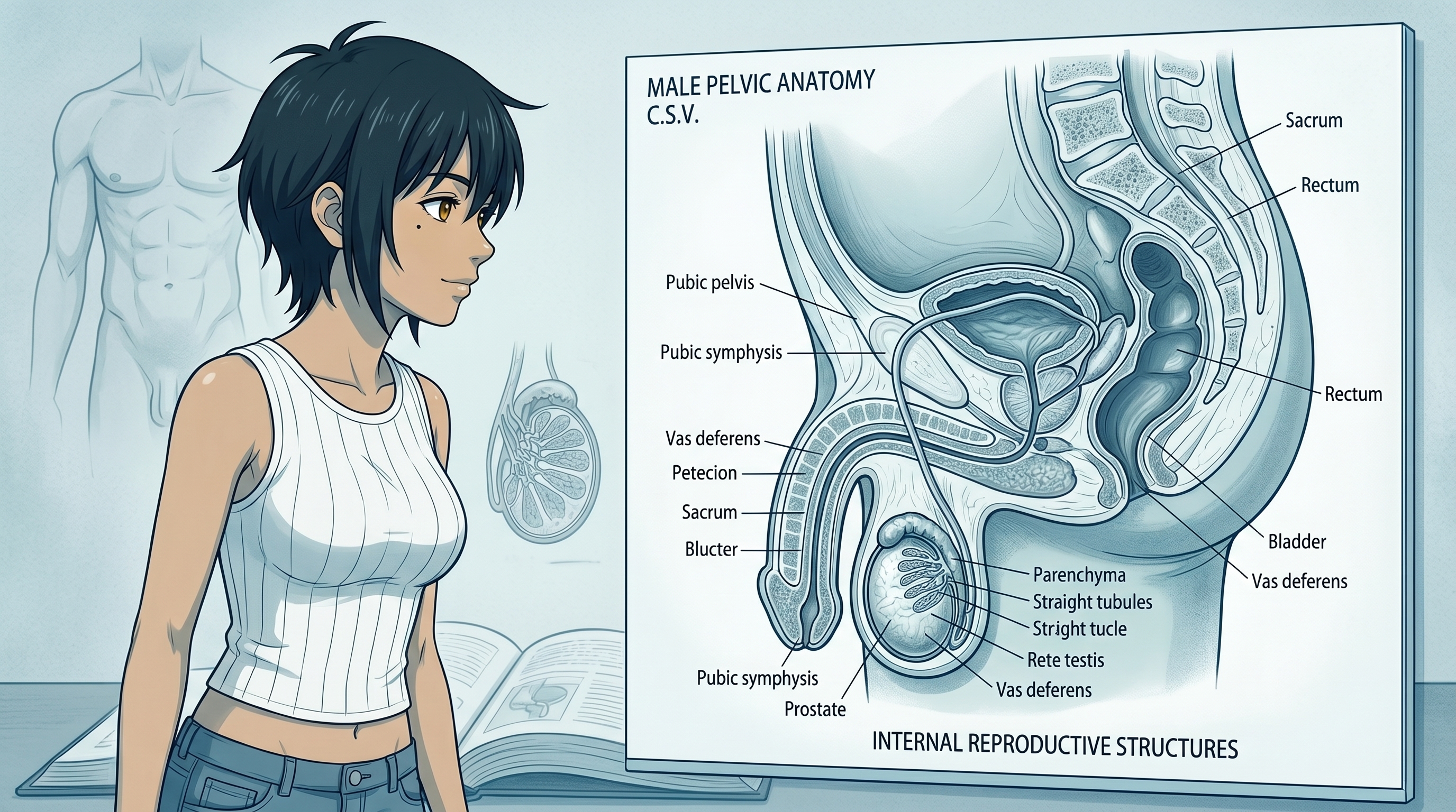 解剖学的なイラストのスタイルで、青みがかった調で描かれた男性骨盤の概念図