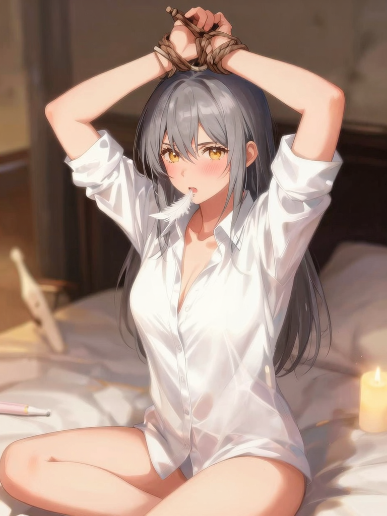 くすぐりツールを前に期待と不安が混じった表情のほのかさん