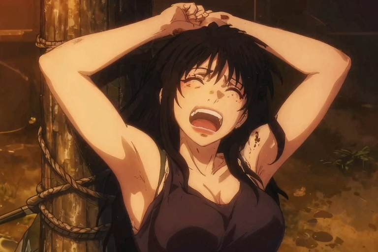 拘束＋くすぐりで責められる女性のアニメイラスト——柱に縛られた状態で笑い転げる表情