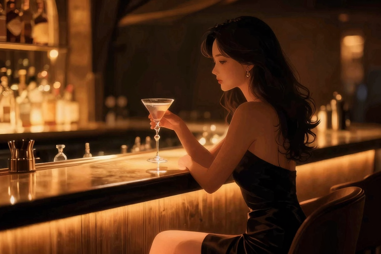 カクテルグラスが並ぶバーカウンター、深夜の紫の照明